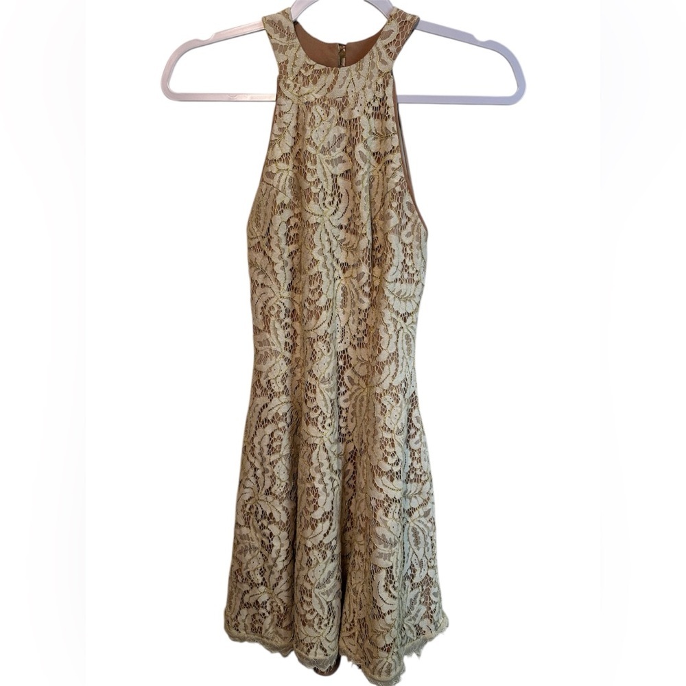 Dress The Population Angie Lace Halter Open Back High Low Mini Dress Size XS